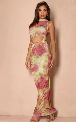 Lime Floral Leopard Mesh High Neck Sleeveless Maxi Dress