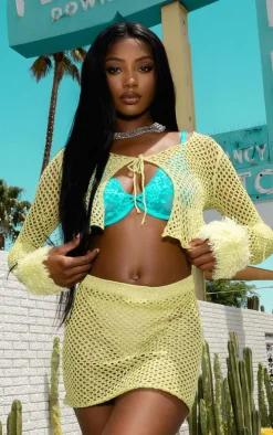 Lime Glitter Open Knit Faux Fur Cuff Cardigan