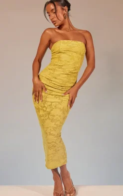 Lime Green Floral Sheer Burnout Ruched Bandeau Midaxi Dress