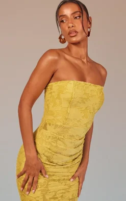 Lime Green Floral Sheer Burnout Ruched Bandeau Midaxi Dress