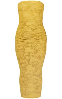 Lime Green Floral Sheer Burnout Ruched Bandeau Midaxi Dress