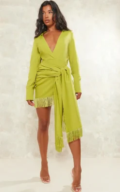 Lime Green Tassel Detail Long Sleeve Shift Dress