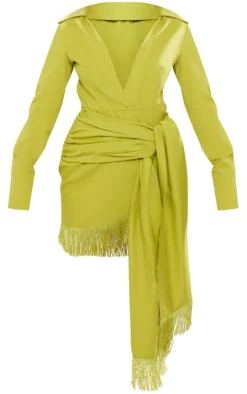 Lime Green Tassel Detail Long Sleeve Shift Dress