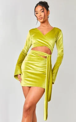 Lime Green Velvet Wrap Around Long Sleeve Bodycon Dress
