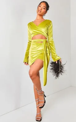 Lime Green Velvet Wrap Around Long Sleeve Bodycon Dress