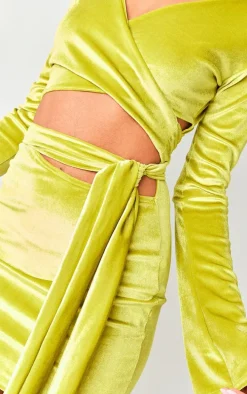 Lime Green Velvet Wrap Around Long Sleeve Bodycon Dress