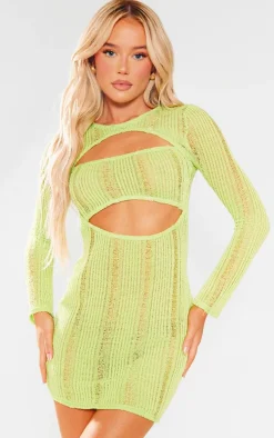 Lime Laddered Cut Out Long Sleeve Bodycon Dress
