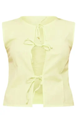Lime Linen Look Tie Front Sleeveless Top