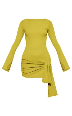 Lime Long Sleeve Drape Bodycon Dress
