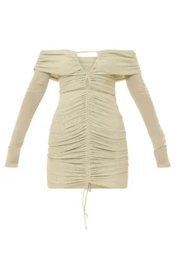 Lime Mesh Ruched Off Bardot Mini Dress