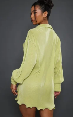 Lime Plisse Frill Hem Shirt Dress