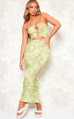Lime Renaissance Print Ring Cut Out Bandeau Maxi Dress