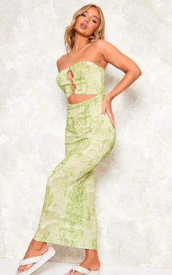 Lime Renaissance Print Ring Cut Out Bandeau Maxi Dress