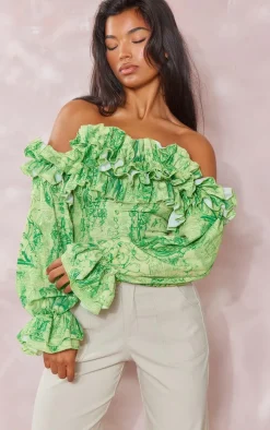 Lime Renaissance Print Ruffle Hem Off Shoulder Long Sleeve Blouse