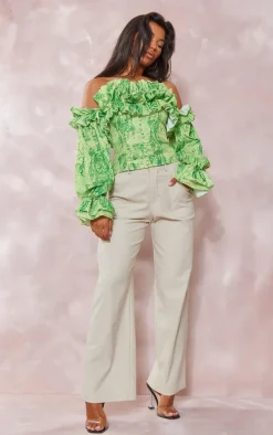 Lime Renaissance Print Ruffle Hem Off Shoulder Long Sleeve Blouse
