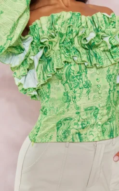 Lime Renaissance Print Ruffle Hem Off Shoulder Long Sleeve Blouse