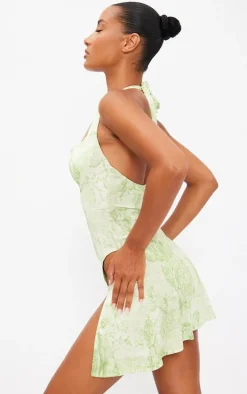 Lime Renaissance Print Slinky Cowl Thigh Split Shift Dress