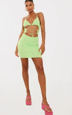 Lime Rib Knit Lace Front Mini Dress