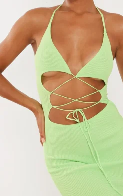 Lime Rib Knit Lace Front Mini Dress