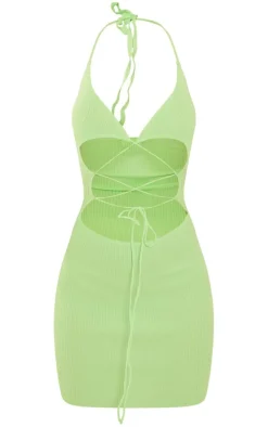 Lime Rib Knit Lace Front Mini Dress