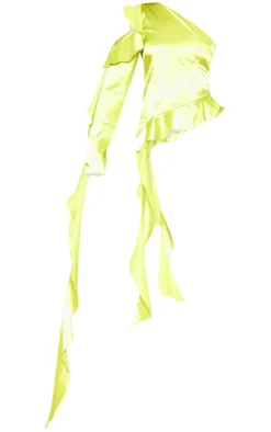 Lime Satin Asymmetric Extreme Frill Detail Sleeveless Long Top