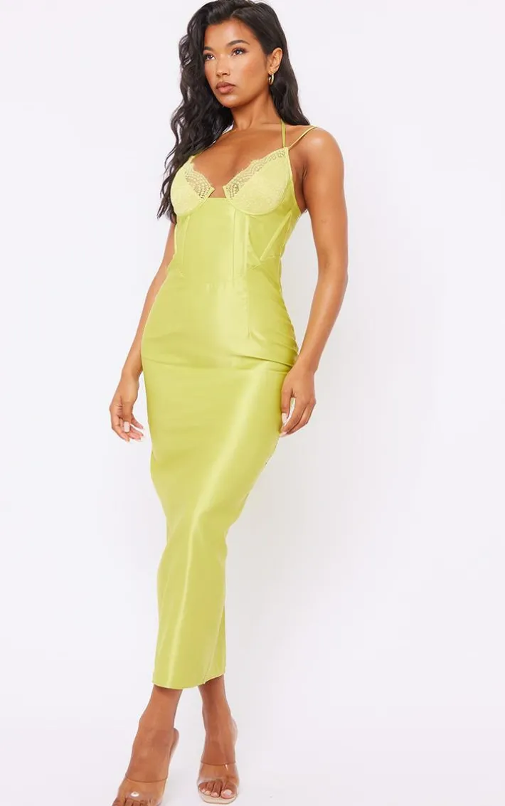 Lime Satin Corset Lace Insert Midaxi Dress