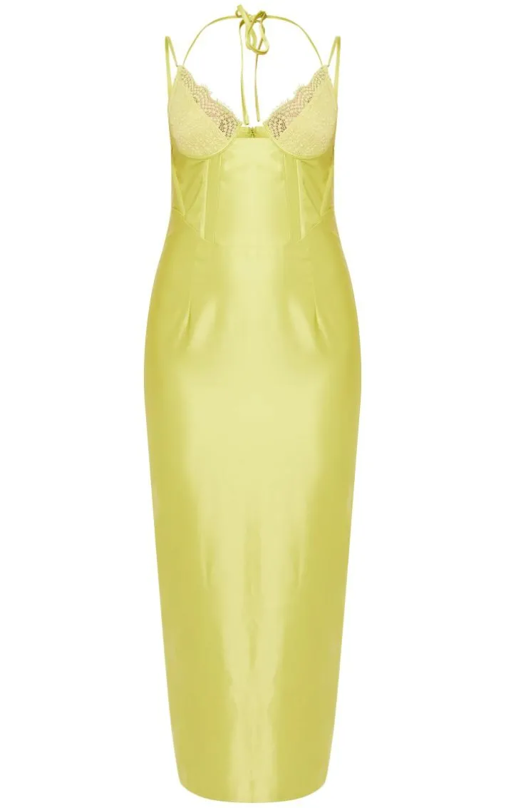 Lime Satin Corset Lace Insert Midaxi Dress