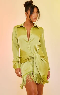 Lime Satin Drape Detail Tassel Hem Shirt Dress