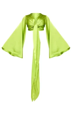 Lime Satin Flare Sleeve Tie Front Blouse