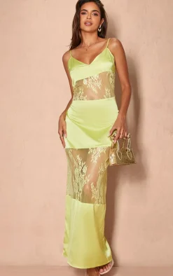 Lime Satin Lace Insert Maxi Dress