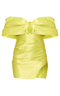 Lime Satin Oversized Bardot Wrap Shift Dress