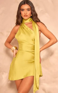 Lime Satin Scarf Detail Bodycon Dress