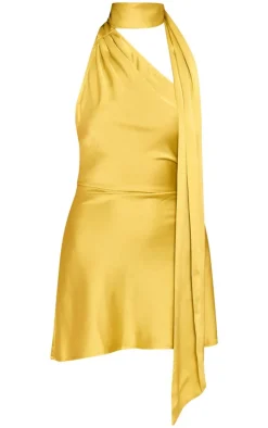 Lime Satin Scarf Detail Bodycon Dress