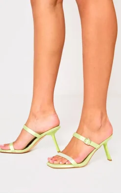 Lime Satin Square Toe Strappy Heeled Mule Sandals