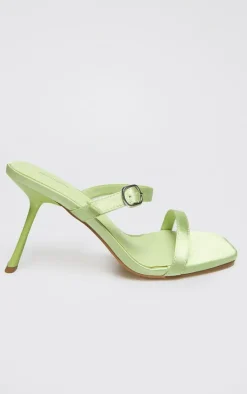 Lime Satin Square Toe Strappy Heeled Mule Sandals