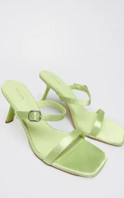 Lime Satin Square Toe Strappy Heeled Mule Sandals