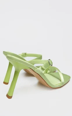 Lime Satin Square Toe Strappy Heeled Mule Sandals