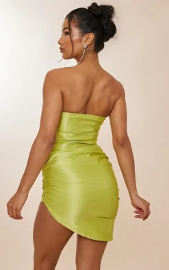 Lime Satin Underwired Cup Detail Ruched Bodycon Dress