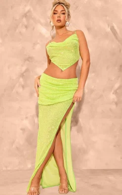 Lime Sequin Cowl Neck Asymmetric Top