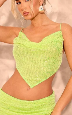Lime Sequin Cowl Neck Asymmetric Top