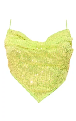 Lime Sequin Cowl Neck Asymmetric Top