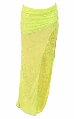 Lime Sequin Fold Over Split Leg Maxi Skirt