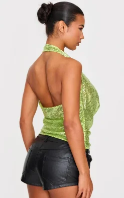 Lime Sequin Sheer Cowl Neck Long Top