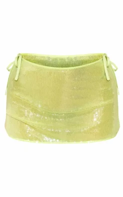 Lime Sequin Sheer Tie Up Micro Mini Skirt