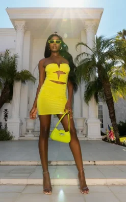 Lime Slinky Bandeau V Bar Detail Cut Out Bodycon Dress