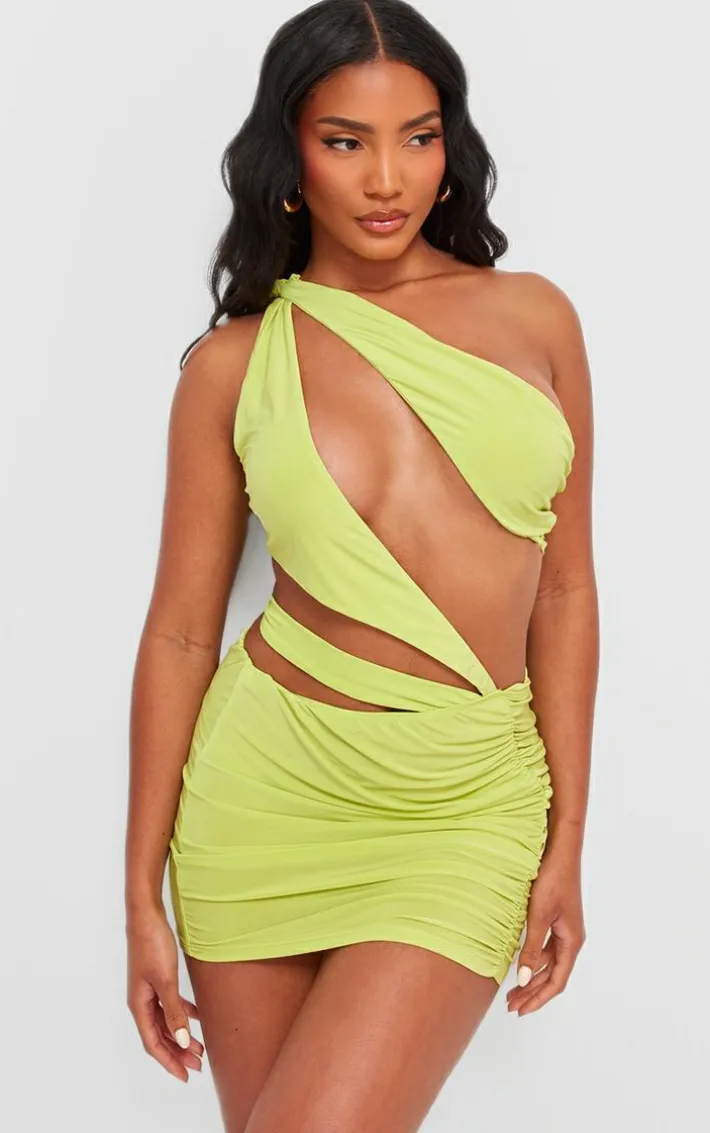Lime Slinky One Shoulder Cut Out Low Waist Bodycon Dress