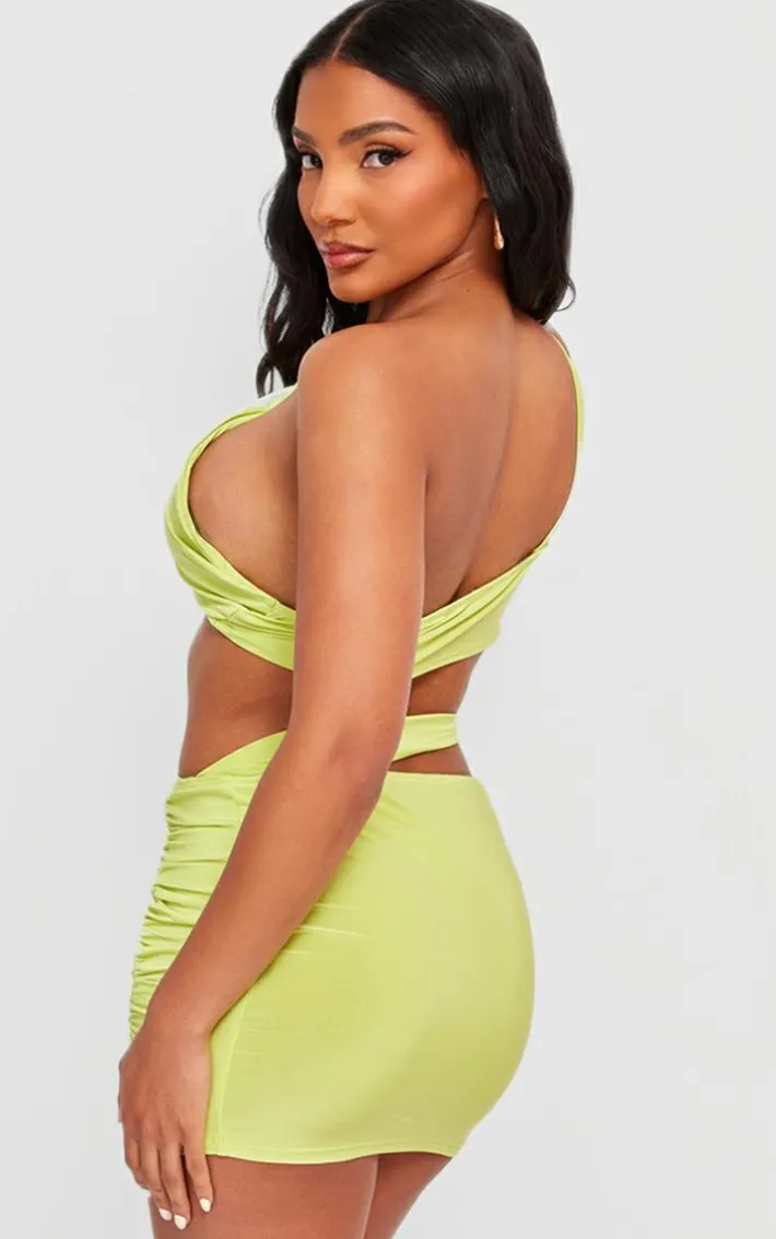 Lime Slinky One Shoulder Cut Out Low Waist Bodycon Dress