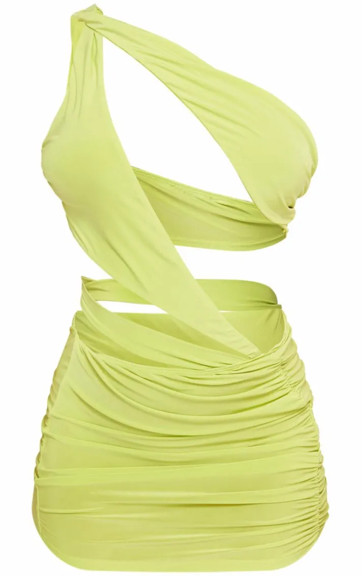Lime Slinky One Shoulder Cut Out Low Waist Bodycon Dress