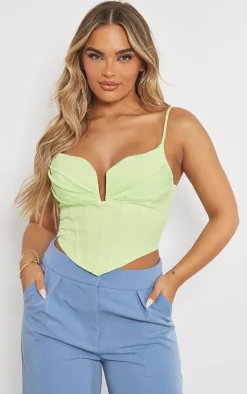 Lime Strappy Pleated Bust Corset Detail Crop Top