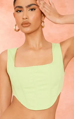 Lime Stretch Woven Boned Corset Crop Top